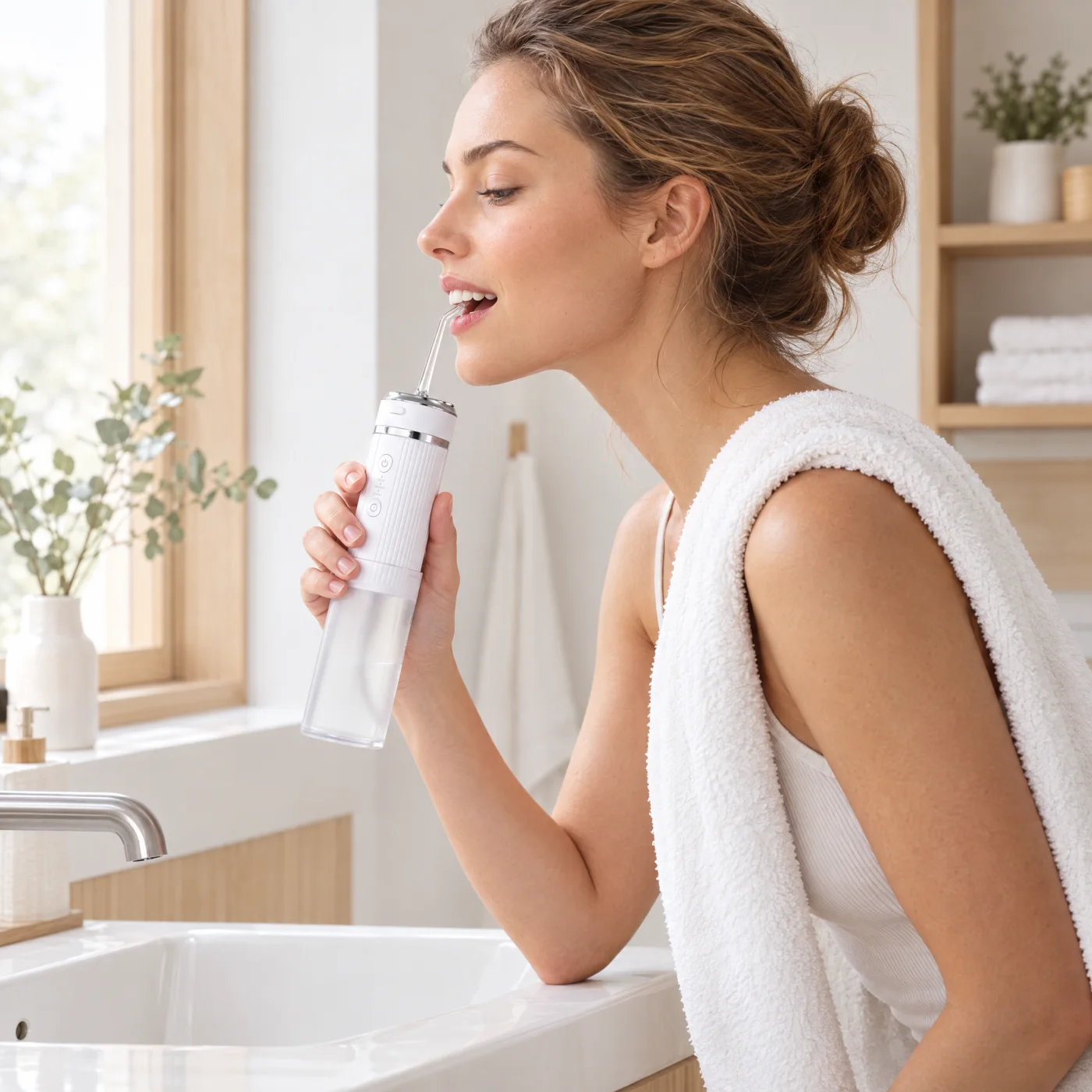Using the Waterflosser Pro at the bathroom sink (model)