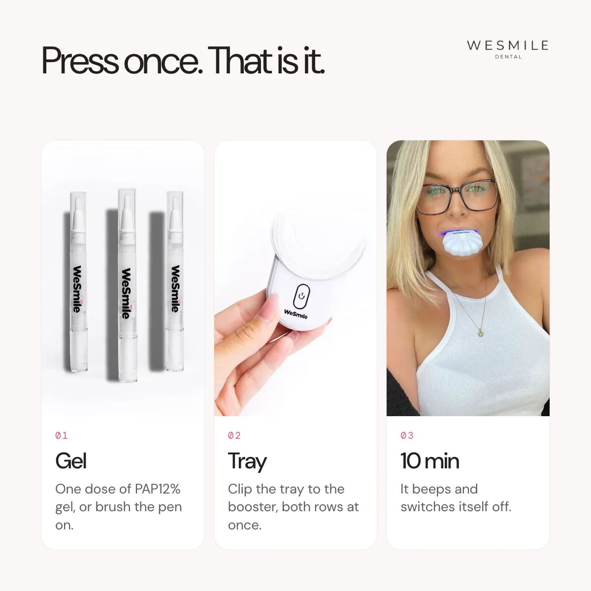 Press once: gel, tray, ten minutes