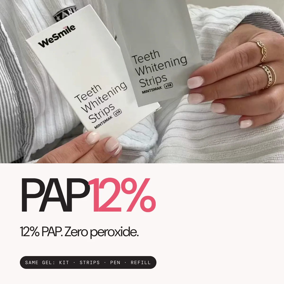 12% PAP. Zero peroxide. Same gel in the Kit, Strips, Pen and Refill