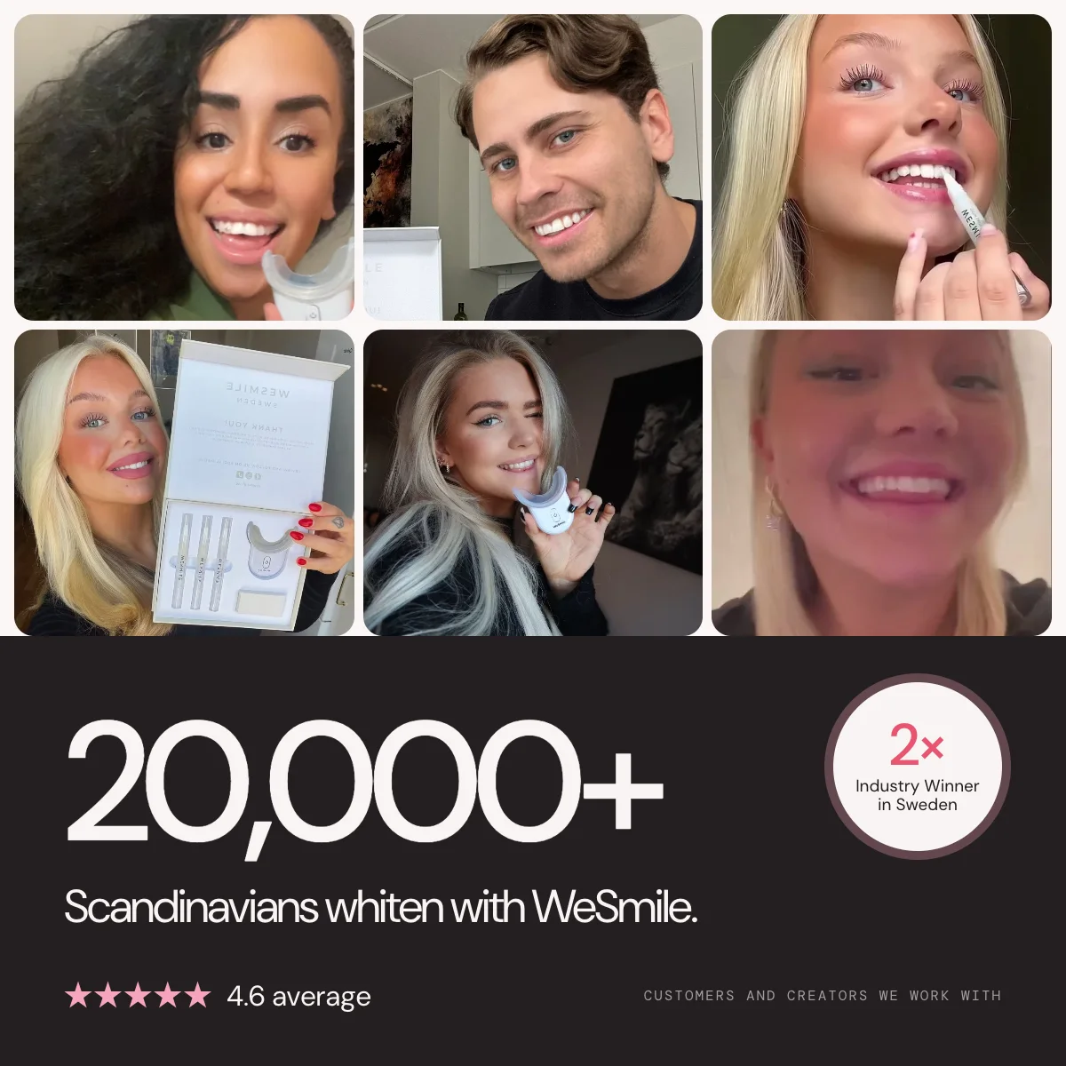 20,000+ Scandinavians whiten with WeSmile. 4.6 average from 123 reviews. 2x Industry Winner in Sweden